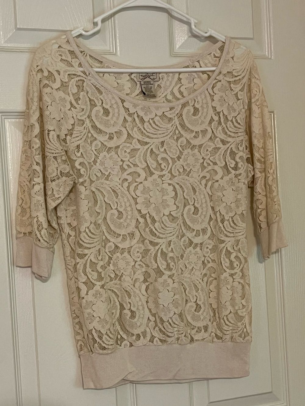 Eyelash Couture Sheer Lace Blouse Three-Quarter Sleeves Cream - Size M